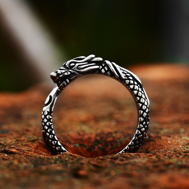 Vintage Stainless Steel Zodiac Dragon Ring for Men - Open Adjustable Design, Wholesale Foreign Trade