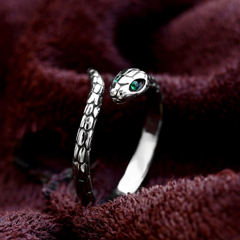 Zircon-Embellished Retro Snake Open Ring for Men in Durable Titanium Steel - Wholesale Elegance