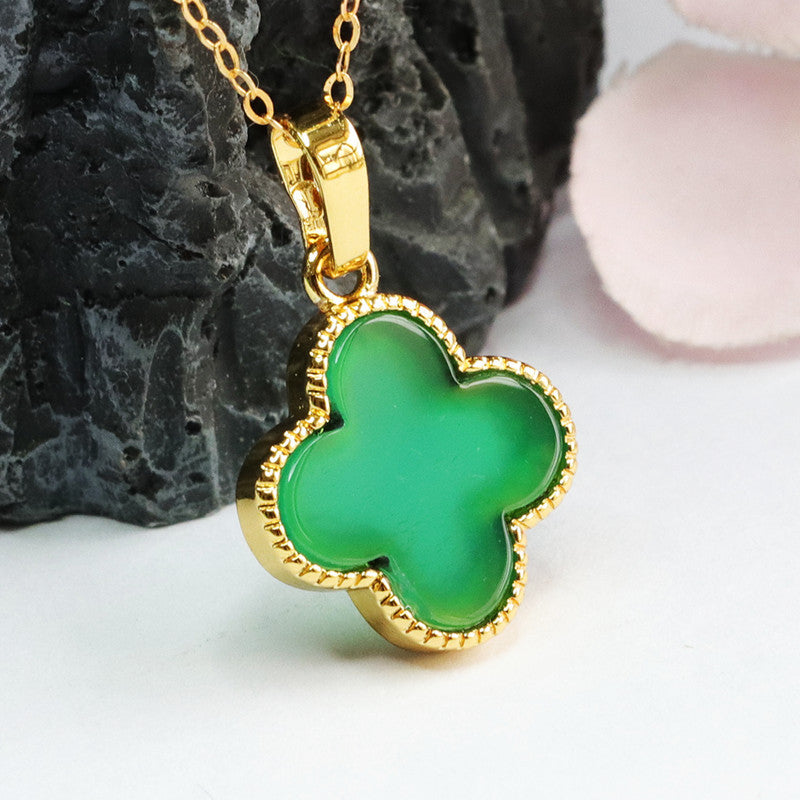 Clover Pendant Fortune's Favor Necklace with Green Chalcedony Gem