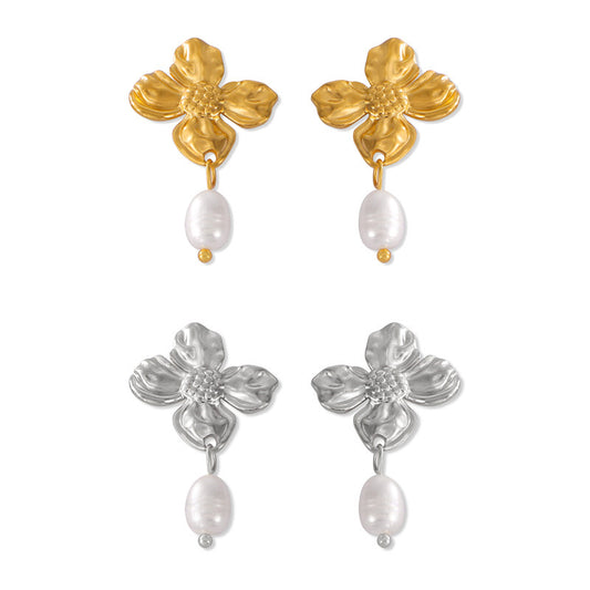 Floral Freshwater Pearl Drop Earrings with Hepburn-Inspired Charm