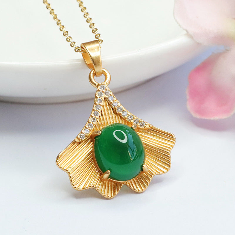 Ginkgo Leaf Pendant Necklace with Imperial Green Chalcedony