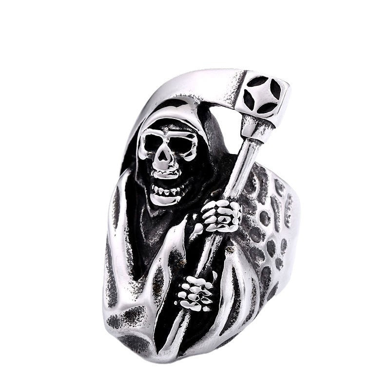 European-American Inspired Creative Skull Sickle Men's Titanium Steel Ring - Retro Wholesale Design