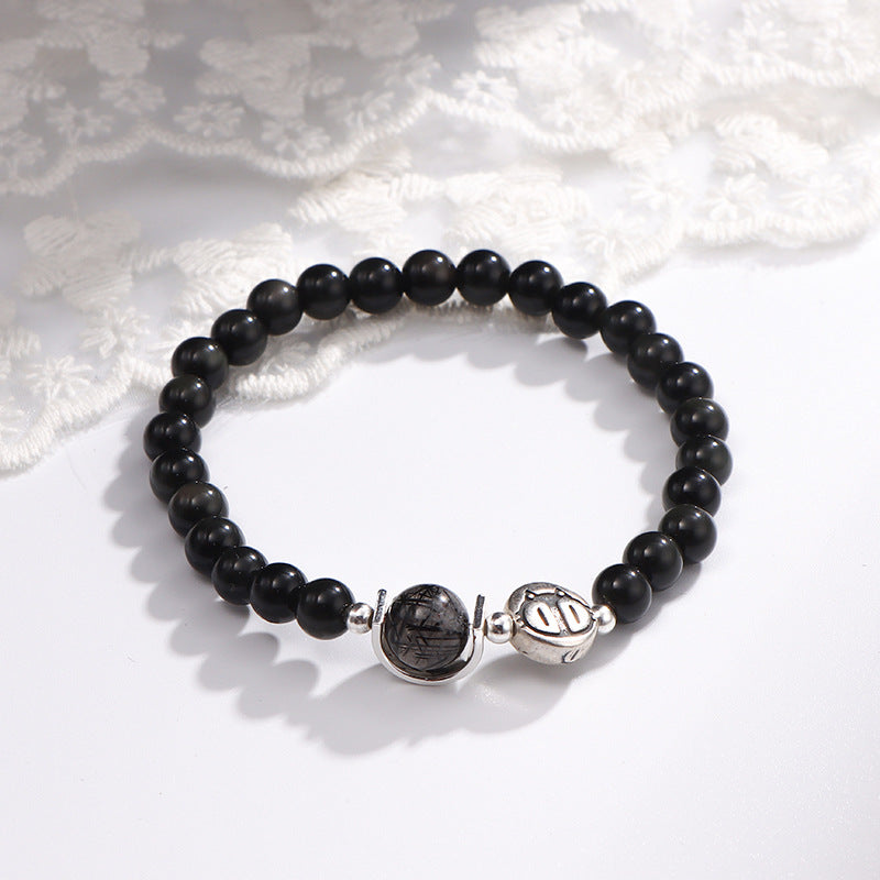 Fortune's Favor Sterling Silver Obsidian Couple Bracelet Set, Korean Style Gift for Students