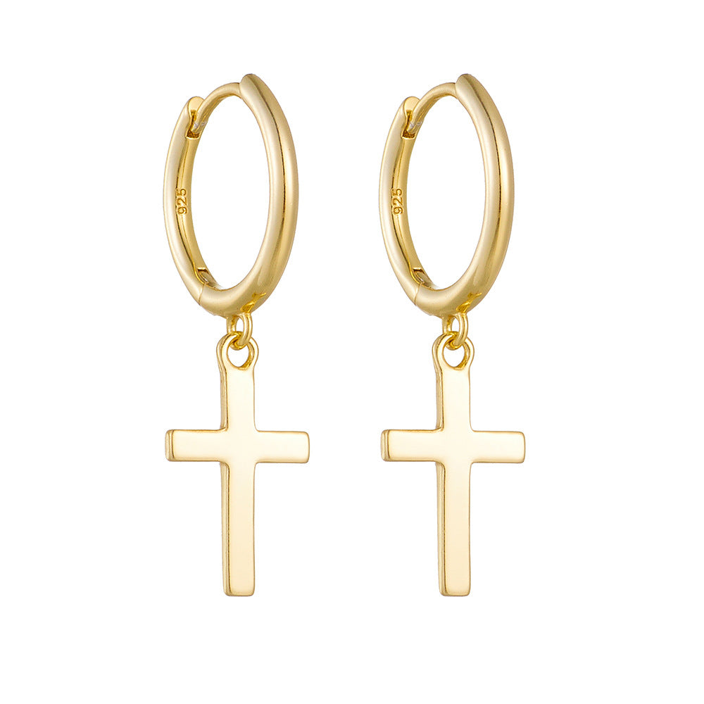 Polished Latin Cross Pendant Sterling Silver Hoop Earrings