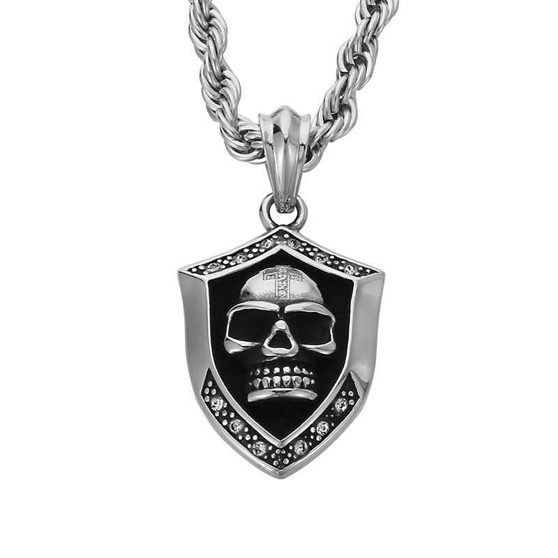 Vintage Punk Skull Pendant with Zircon and Cross Shield for Men - Stainless Steel Ghost Head Necklace