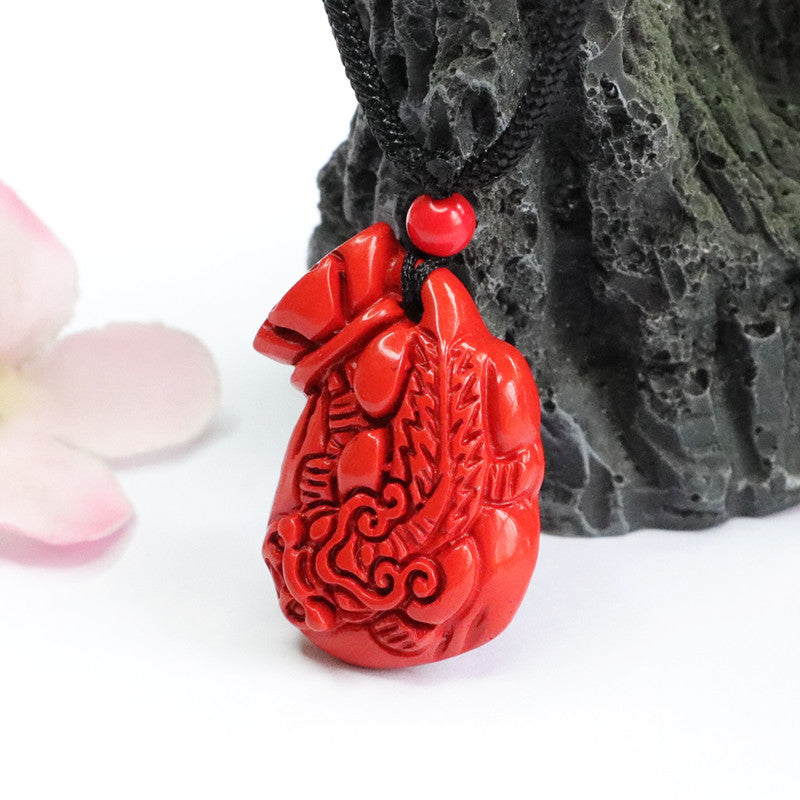 Red Sand Cinnabar Pendant with Gold Beast Money Bag