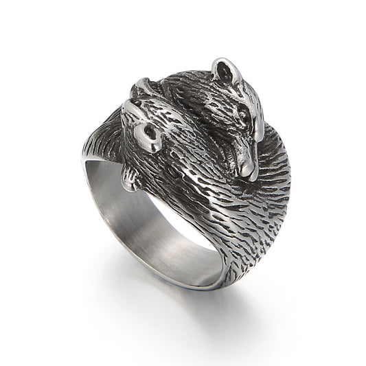 European and American Retro Double Wolf Head Men's Titanium Steel Ring - Fashionable and Dominant Design