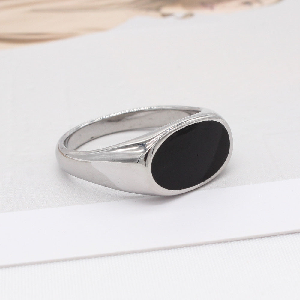 Trendy Unisex Oval Titanium Steel Ring in Black and White