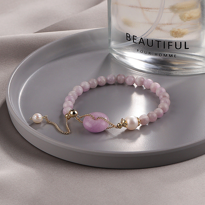 Purple Crystal and Pearl Sterling Silver Bracelet with Slide Buckle