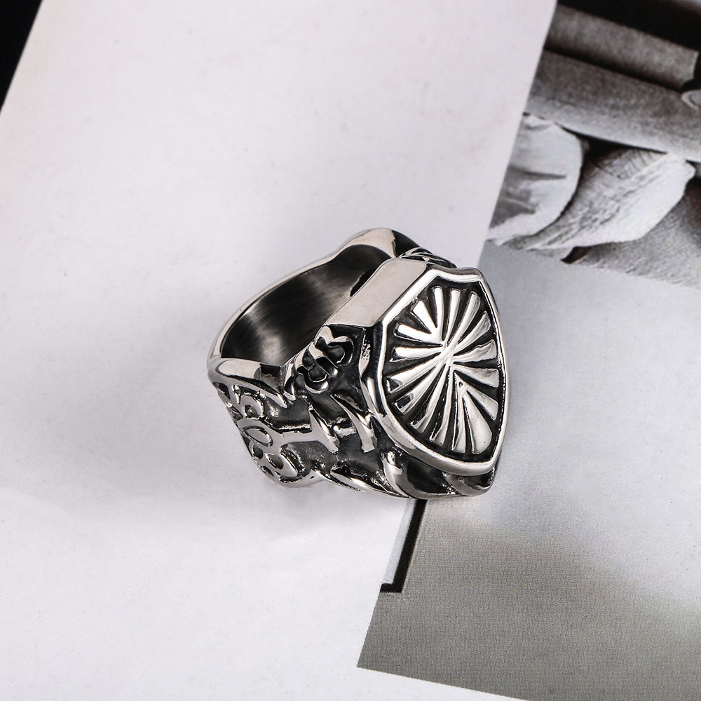 Titanium Steel Leaf Shield Ring for Men - Cool Cross-Border E-commerce Design