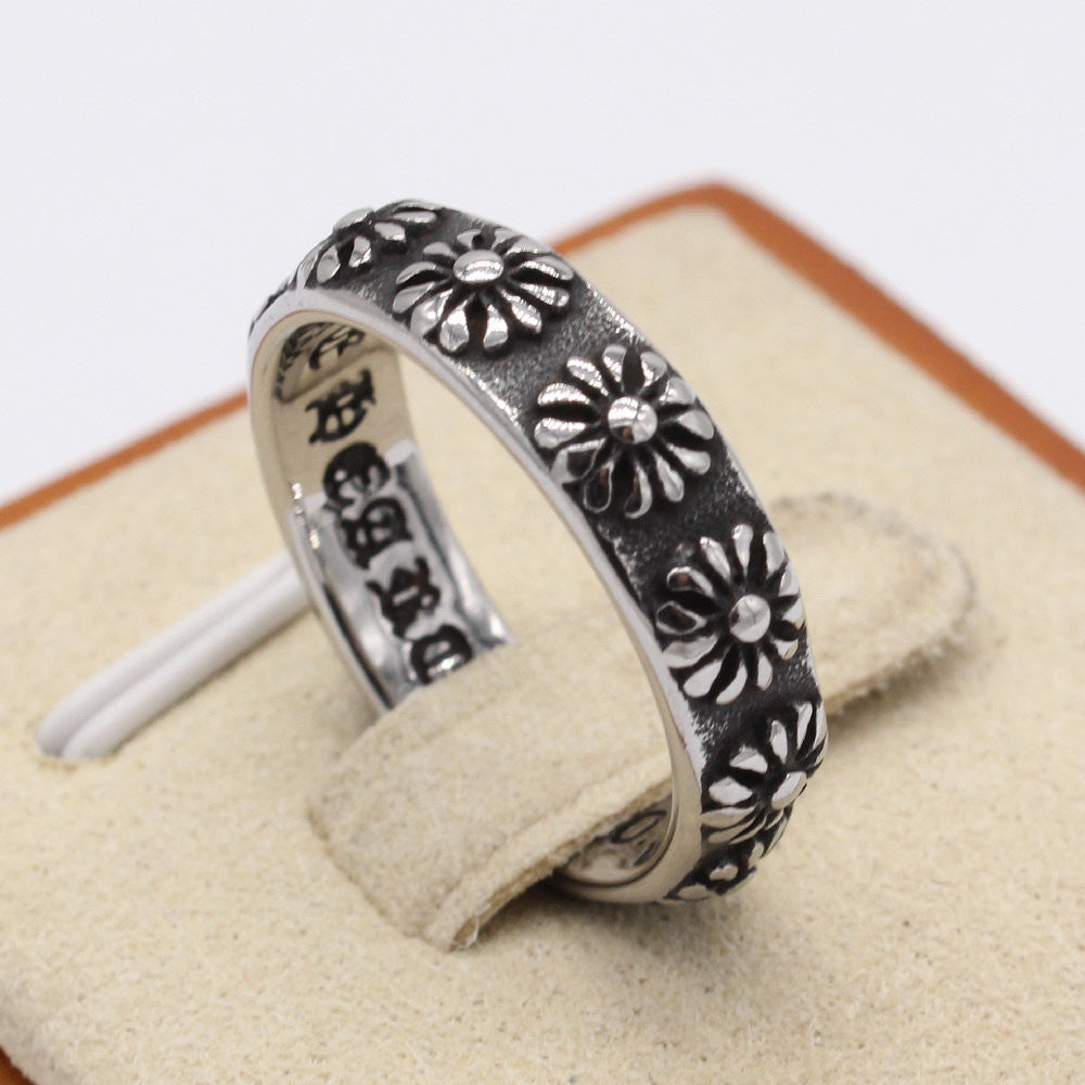 Row of Relief Flower Titanium Steel Ring for Men