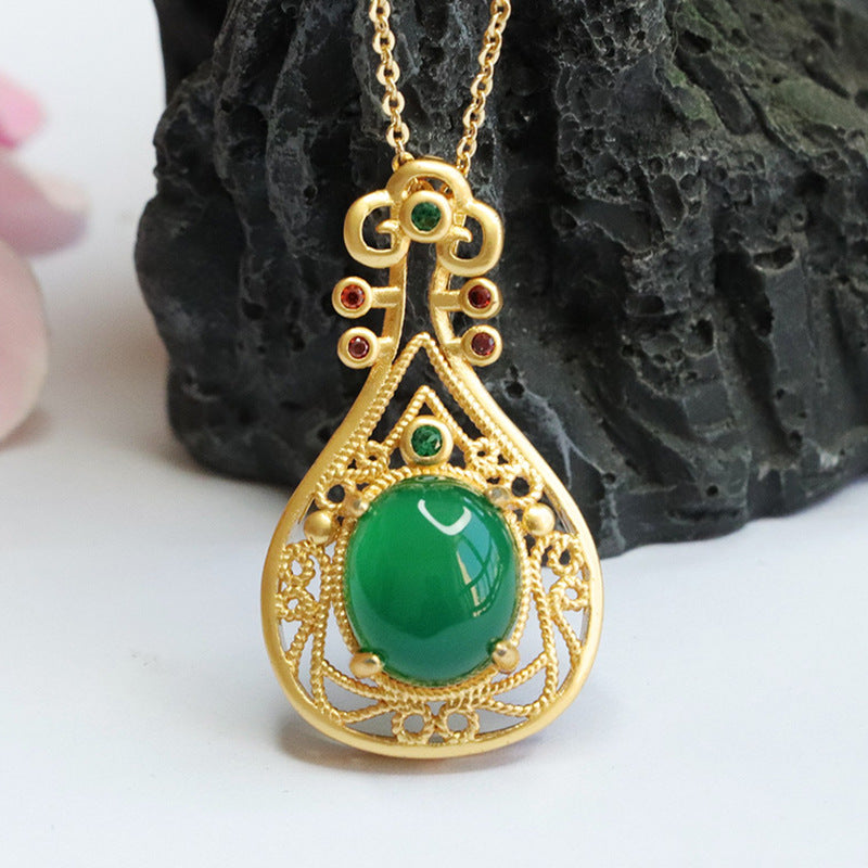 Chinese Style Sterling Silver Pipa Pendant Necklace with Emperor Green Chalcedony