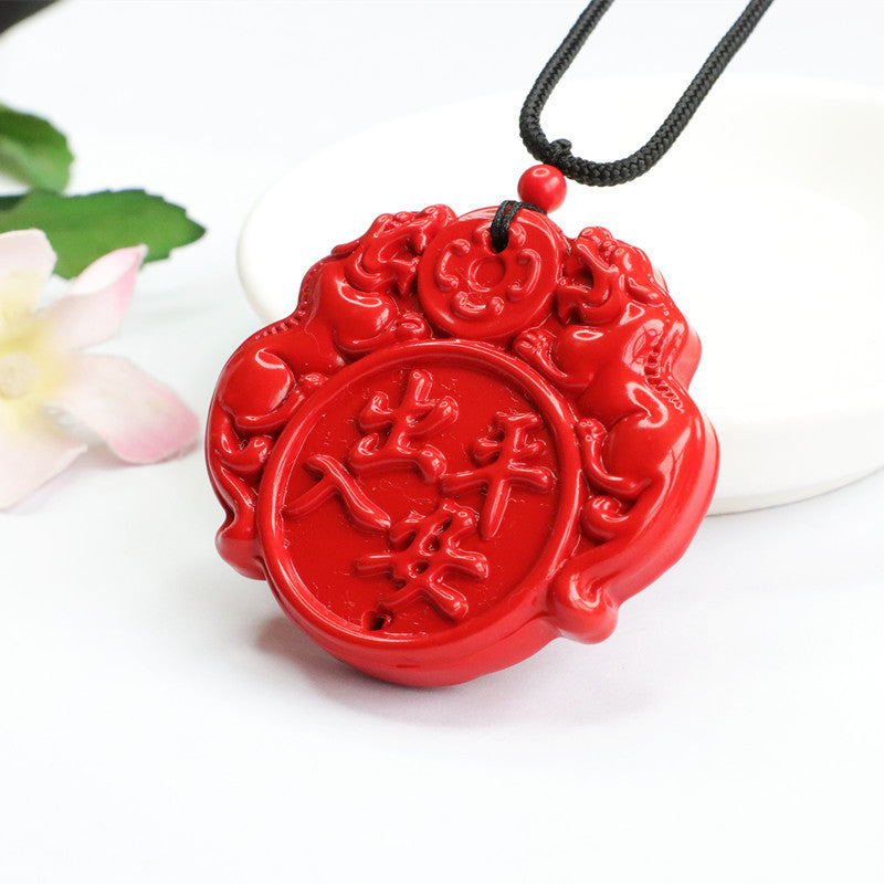 Vermilion Sand Pendant with Red Double Pixiu and Double-Sided Carving for Luck and Protection