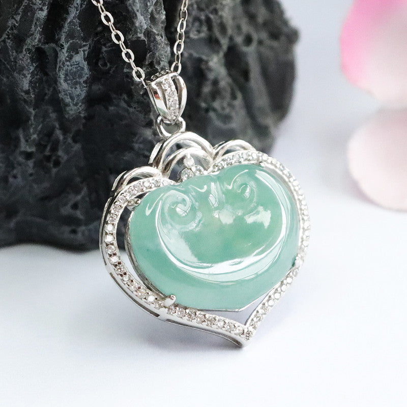 Ice Blue and Green Jade Sterling Silver Ruyi Hollow Love Zircon Necklace