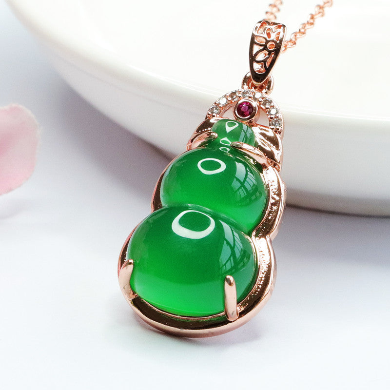 Natural Green Chalcedony Gourd Rose Gold Pendant Jewelry