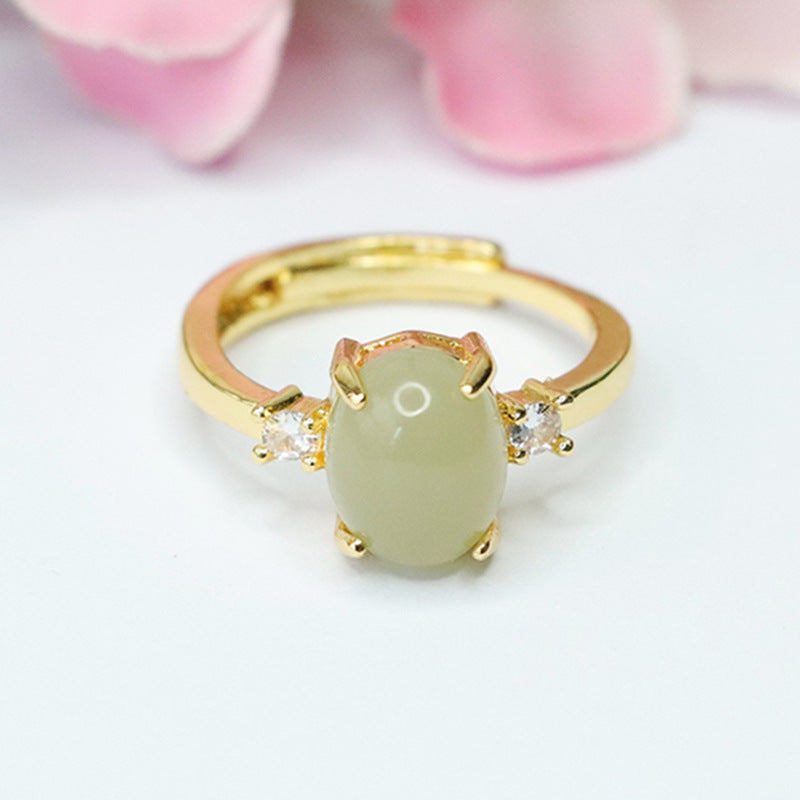 Oval Natural Hotan Jade Zircon Ring in Sterling Silver