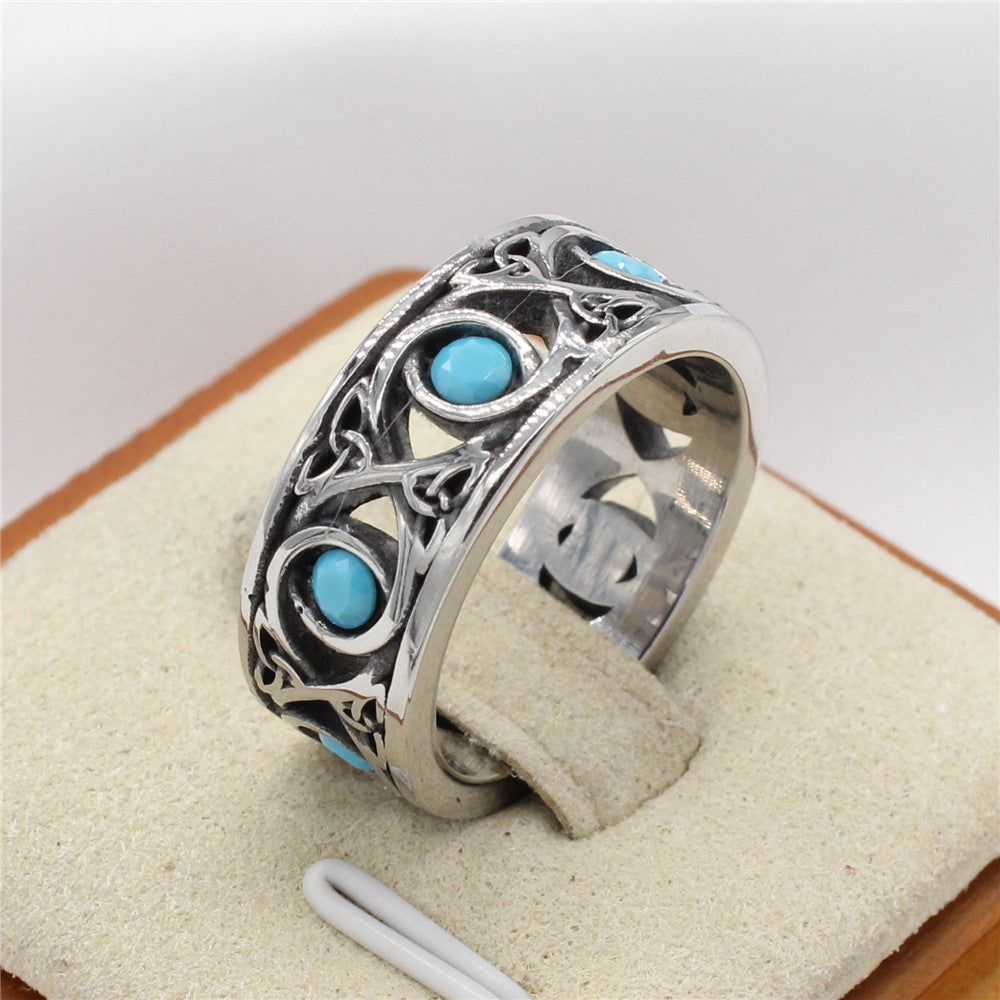 Stylish Blue Turquoise Titanium Steel Ring for Men - European and American Fashion Design