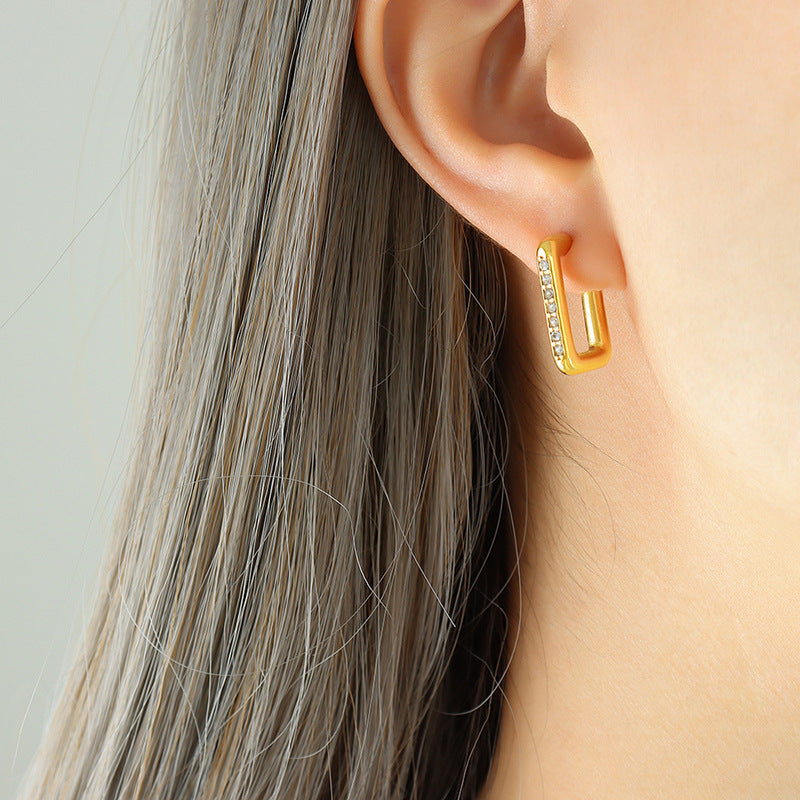 Chic Geometric Earrings with Zircon Accents in Gold-Plated Titanium Steel