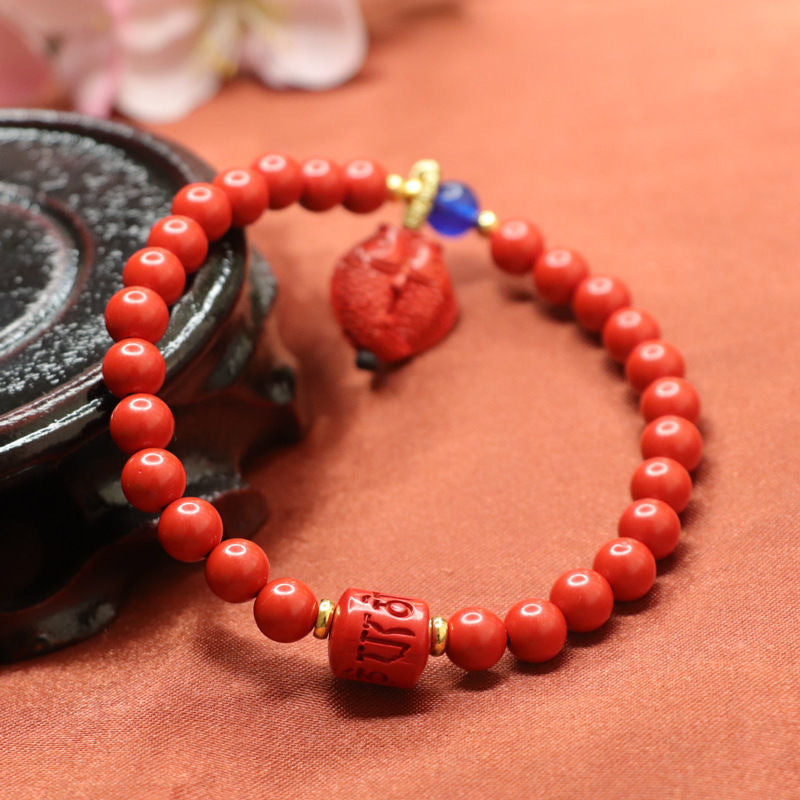 Cinnabar Double Fish Bracelet with Six-character Proverbs Sterling Silver Jewelry