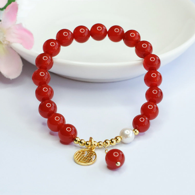 Red Agate and Pearl Sterling Silver Bracelet - Fortune's Favor Collection by Planderful