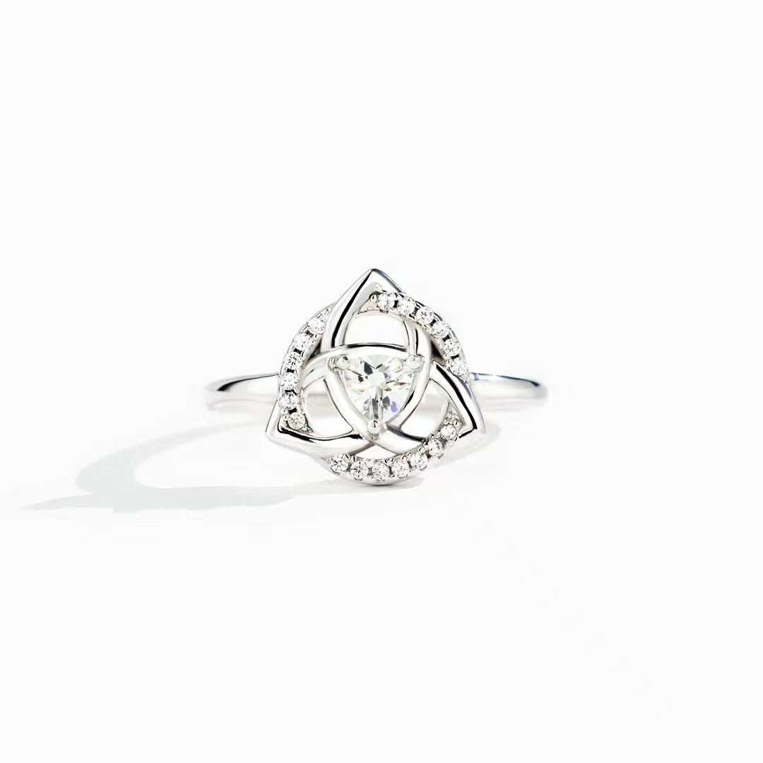 Triangle Zircon Trefoil Flower Opening Sterling Silver Ring