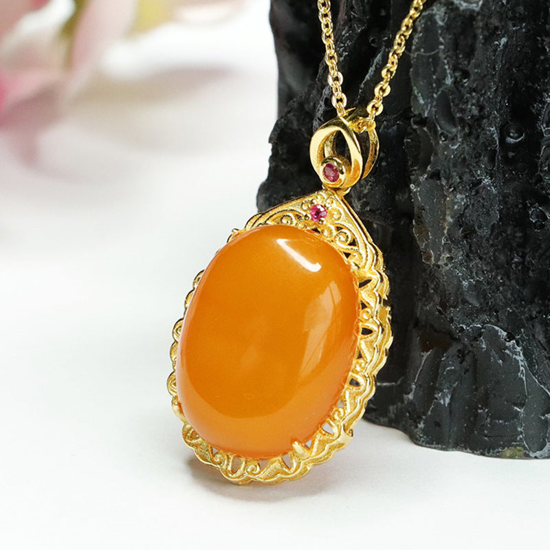 Sterling Silver Oval Honey Wax Amber Pendant Necklace