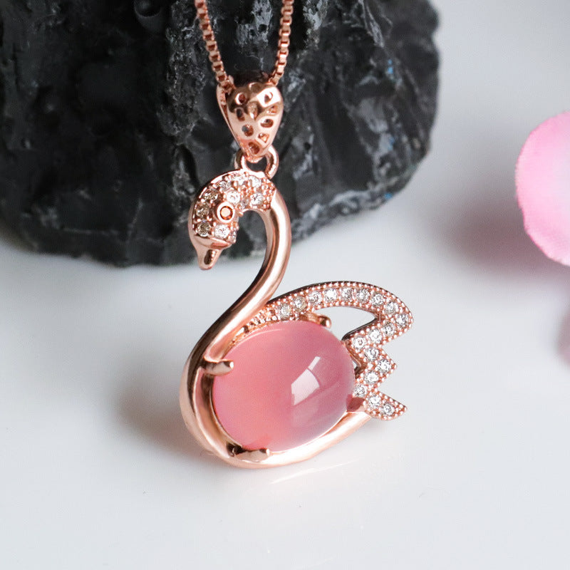 Oval Powder Chalcedony Zircon Rose Gold Swan Pendant Jewelry