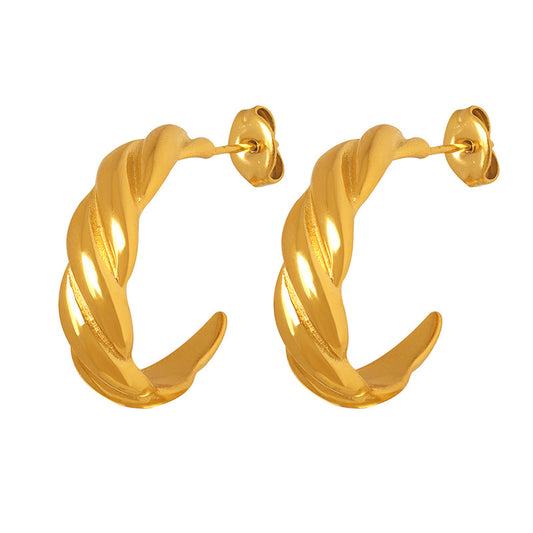 Golden Twisted C-Shaped Earrings with Unique Niche Design - Hypoallergenic Titanium Steel Earrings