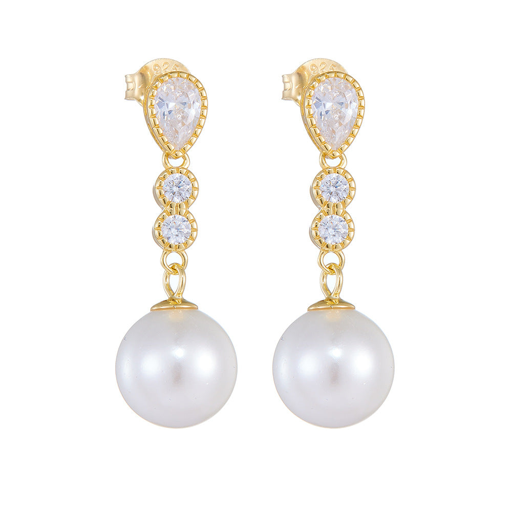 Long Style Zircon Round Pearl Sterling Silver Drop Earrings