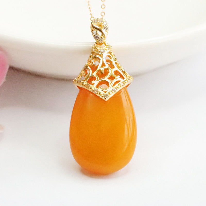 Golden Amber Beeswax Pendant Sterling Silver Necklace