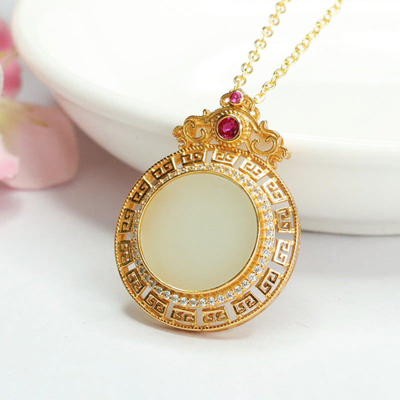 Round Hollow Hetian Jade Pendant Necklace in 925 Sterling Silver