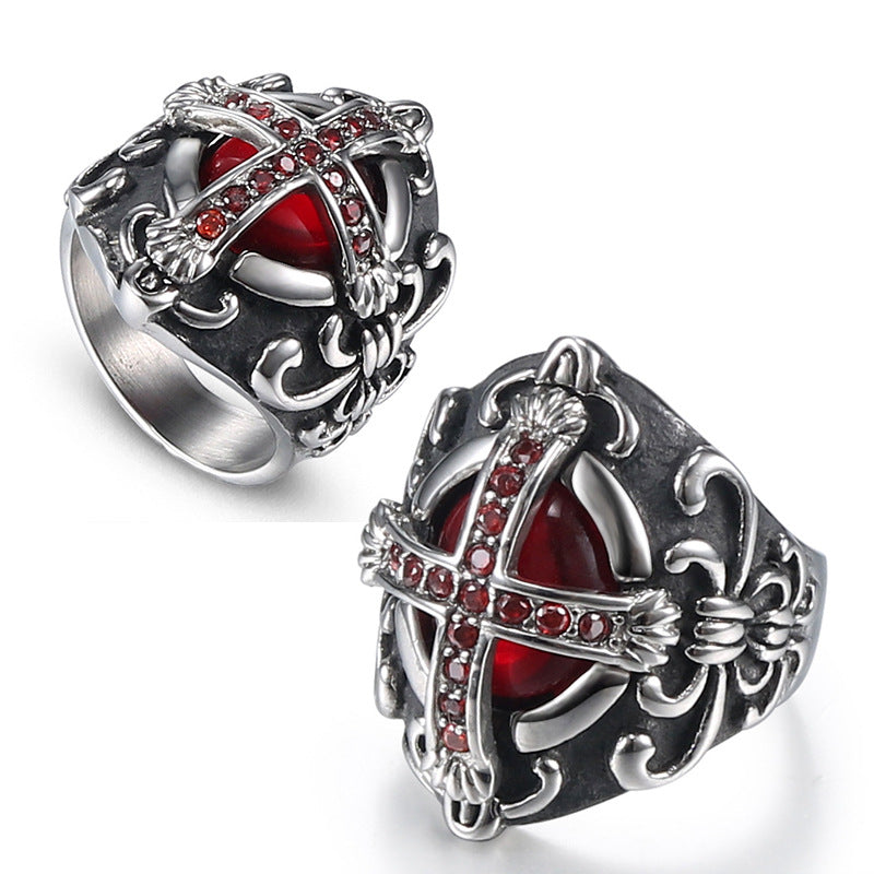 Bold Retro Stainless Steel Ring for Men with Personalized Titanium Cross and Red Stone Accent