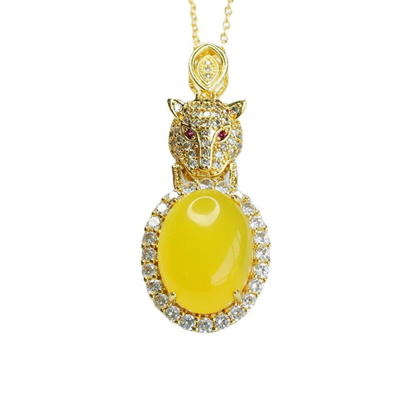 Yellow Chalcedony Zircon Leopard Pendant With Oval Ice Design