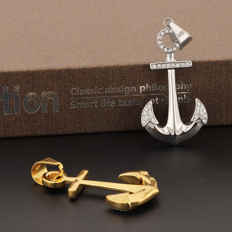 Stylish 18k Gold-Plated Men's Anchor Pendant Necklace - Navy Zircon Stainless Steel Jewelry