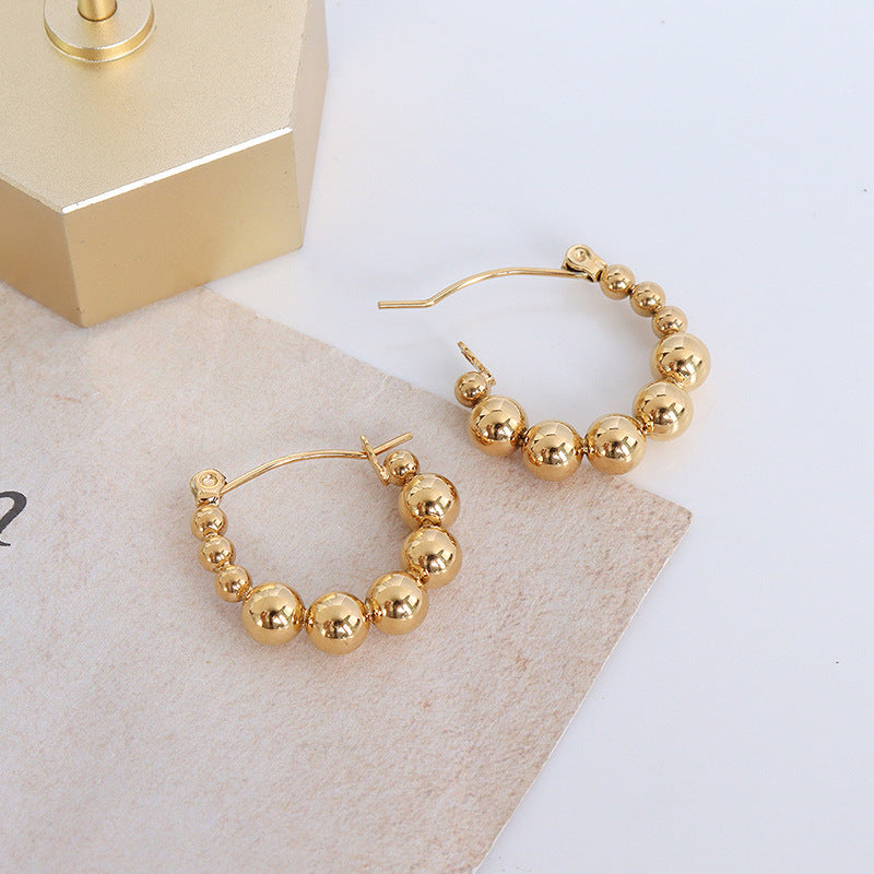 Elegant French-inspired Hong Kong Style Round Bead Earrings - 18K Gold Plated Titanium Steel Jewelry