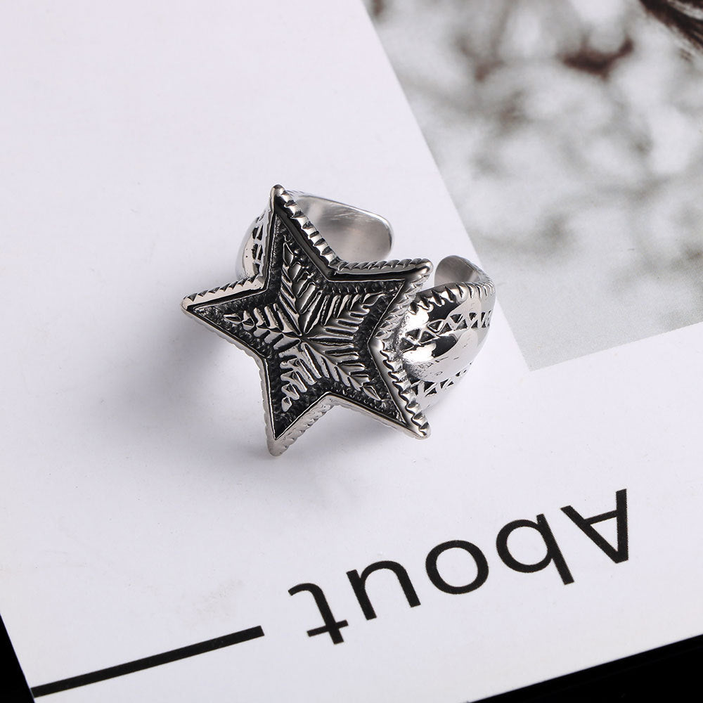 Titanium Steel Open Ring with Five-Pointed Star Design for Boys and Fashionable Women - Korean Style