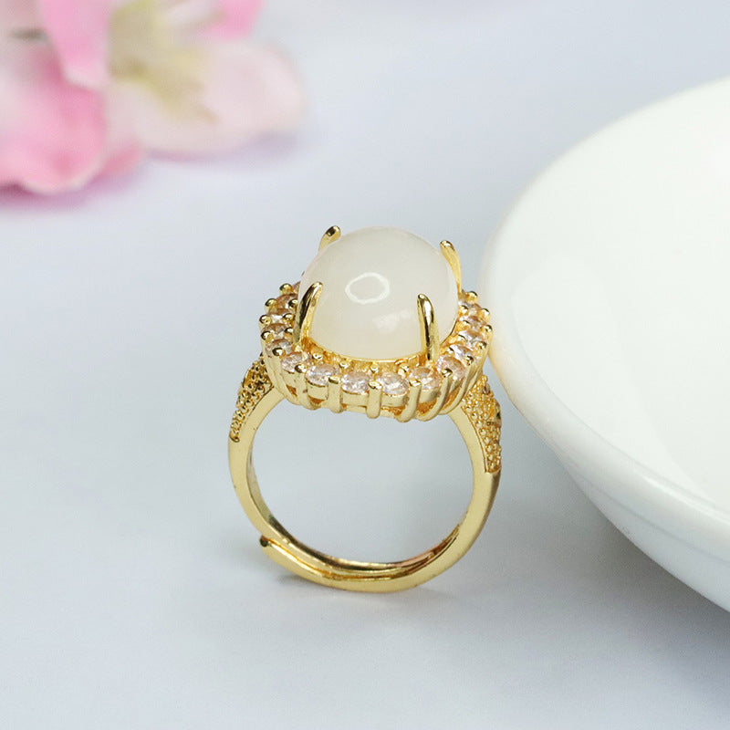 Jade Ring with White Jade and Zircon Gemstones