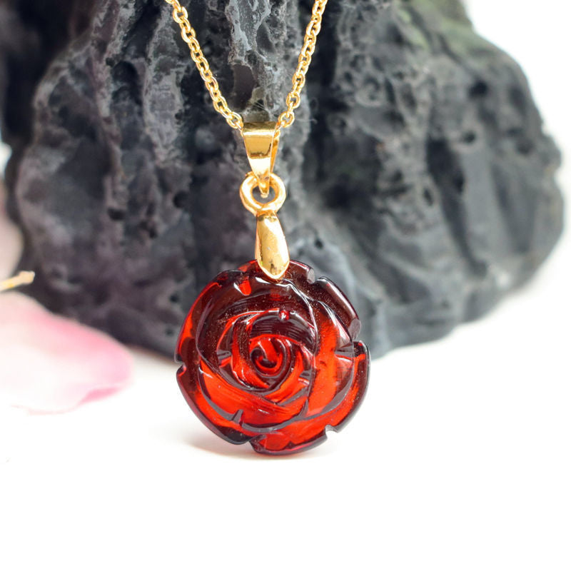 Rose Amber Jewelry Necklace with Beeswax Pendant