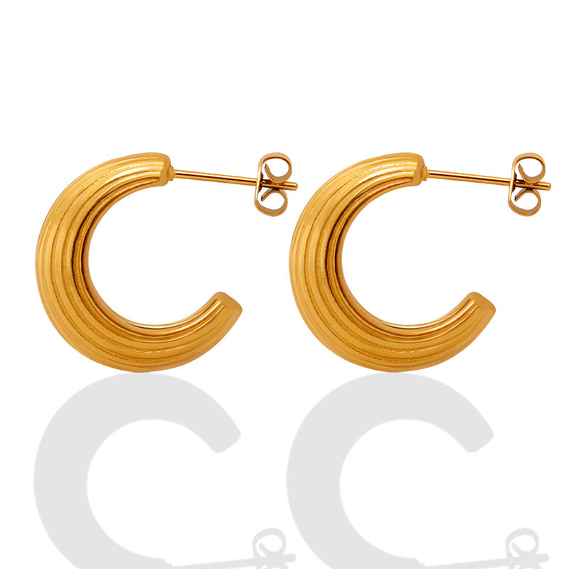 Chic Titanium Steel Striped C-Shaped Small Earrings