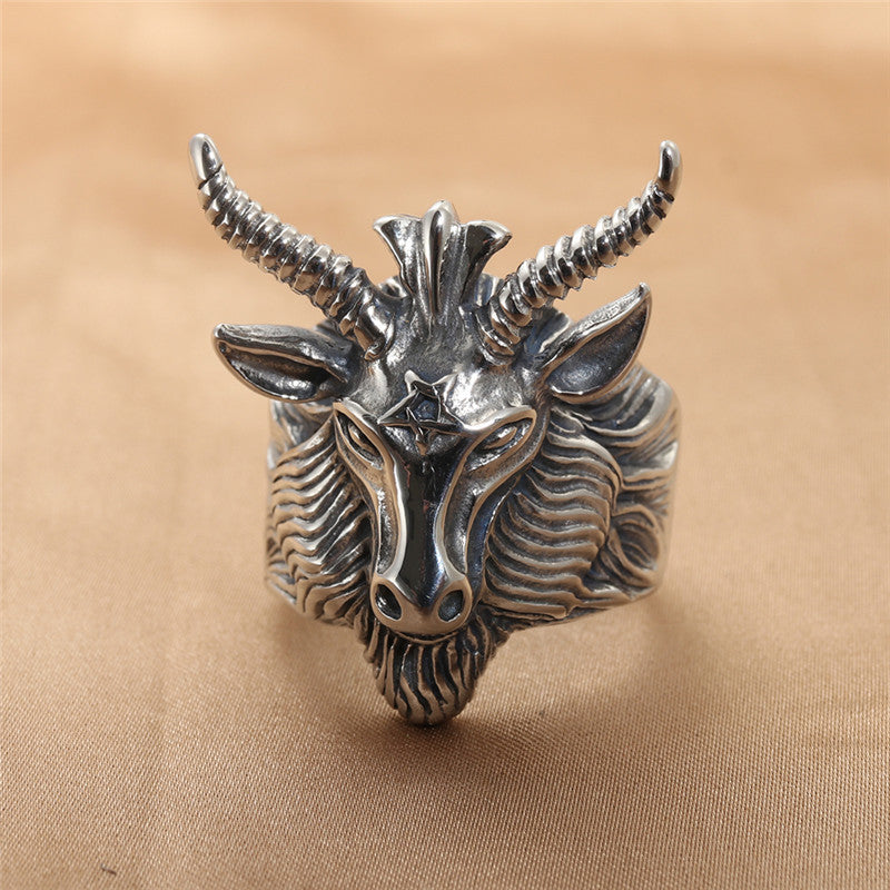 Men's Retro Titanium Steel Ram Ring - Unique Goat Design Jewelry