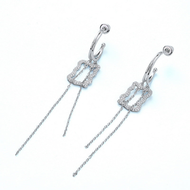 Zircon Hollow Wavy Rectangle Tassel Sterling Silver Drop Earrings