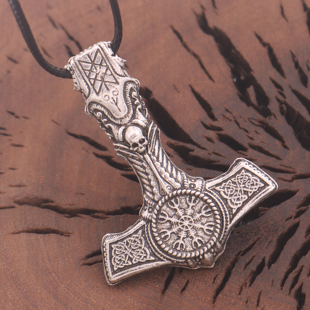 Viking Skull Thor Hammer Pendant with Compass Odin Totem Necklace