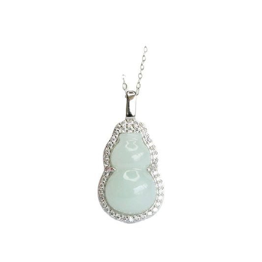 Sterling Silver Gourd Pendant Necklace with Natural Myanmar Jade and Full Zircon