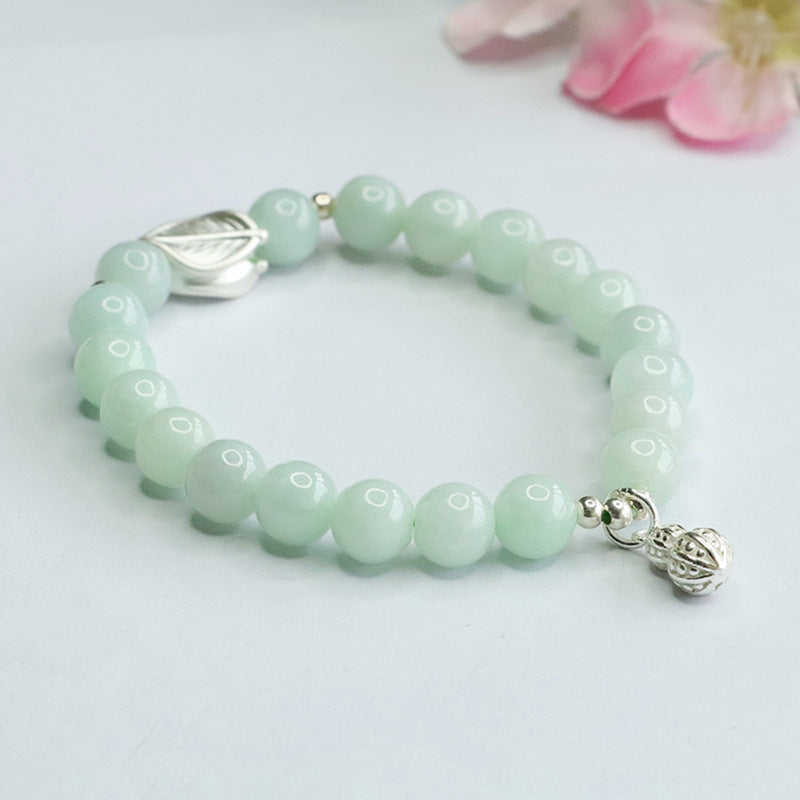 Fortune's Favor Sterling Silver Jade Bracelet with Peanut Leaf Design