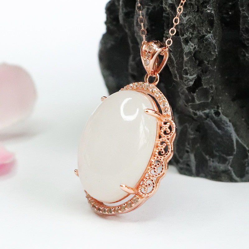 Elegant White Jade Necklace with Silver Pigeon Egg Pendant and Lace Edge