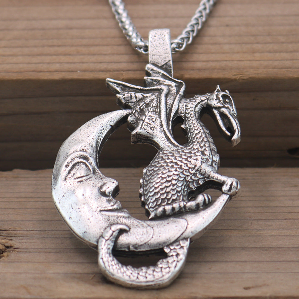 Mystical Viking Dragon Moon Necklace - Vintage Men's Jewelry