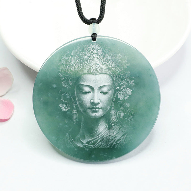 Green Jade Guanyin Bodhisattva Sterling Silver Pendant