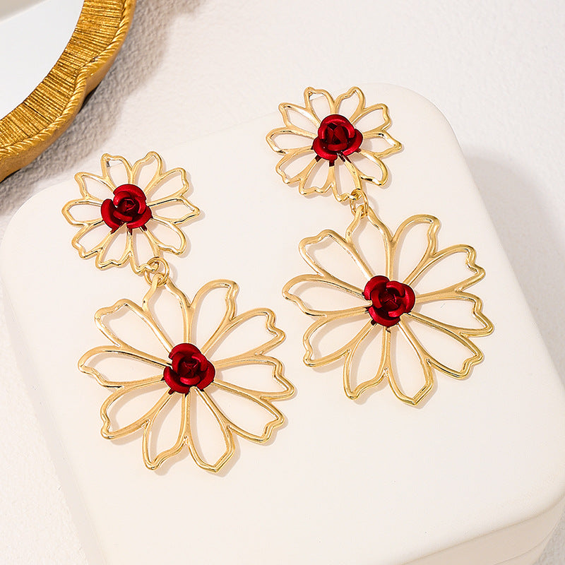 Elegant Double Flower Metal Hollow Earrings - Vienna Verve Collection