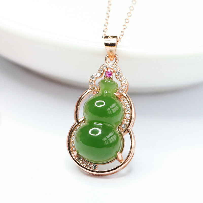 Zircon Necklace with Sterling Silver Gourd Pendant Featuring Natural Hetian Jade and Jasper Edge