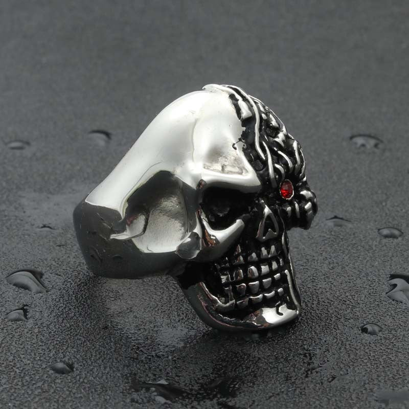 Titanium Steel Skull Ring with Zircon Eye – Retro Punk Jewelry for Men